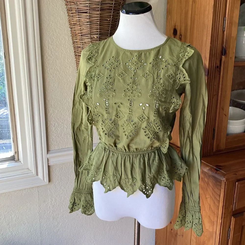 Miss Selfridge Olive Green Long Sleeve Eyelet Ruffle Bohemian Top Size 4